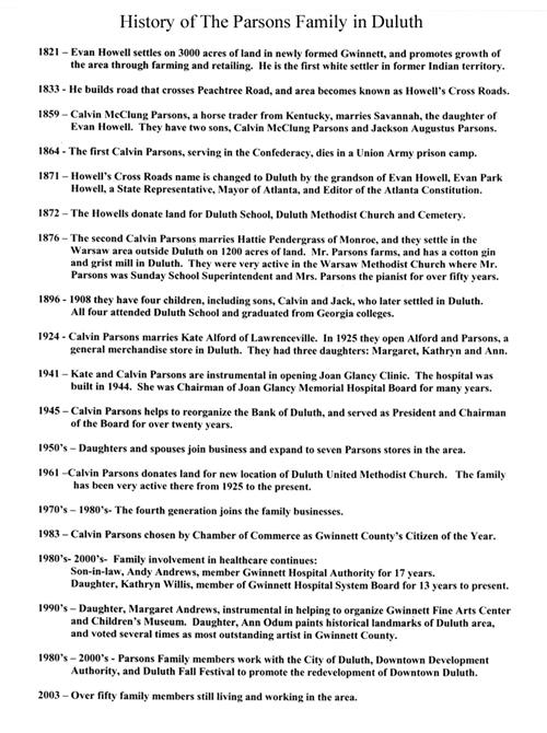 This image is a timeline of the family history of the Parsons Family 